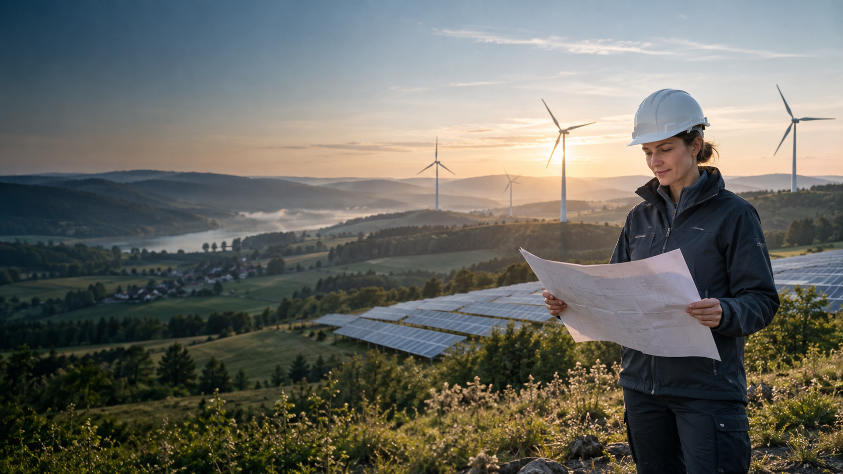 Umweltingenieurin vor Windkraft- und Solaranlagen